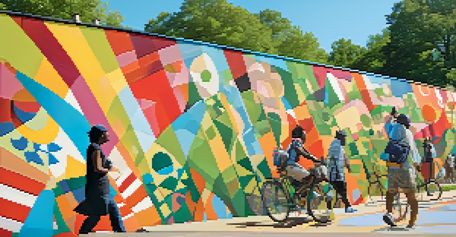 A colorful mural on the Atlanta BeltLine with people walking and biking nearby, surrounded by green trees.