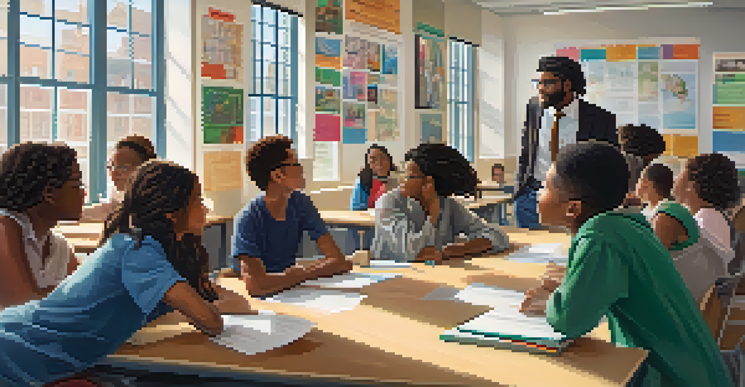 A professor discussing social justice with a diverse group of engaged students in a bright classroom.