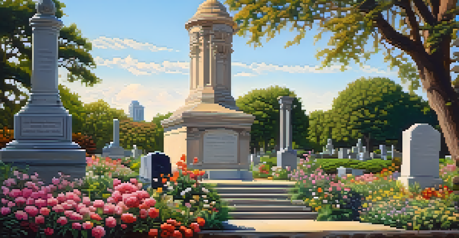 A picturesque scene of Oakland Cemetery with detailed gravestones and colorful flowers under soft sunlight.