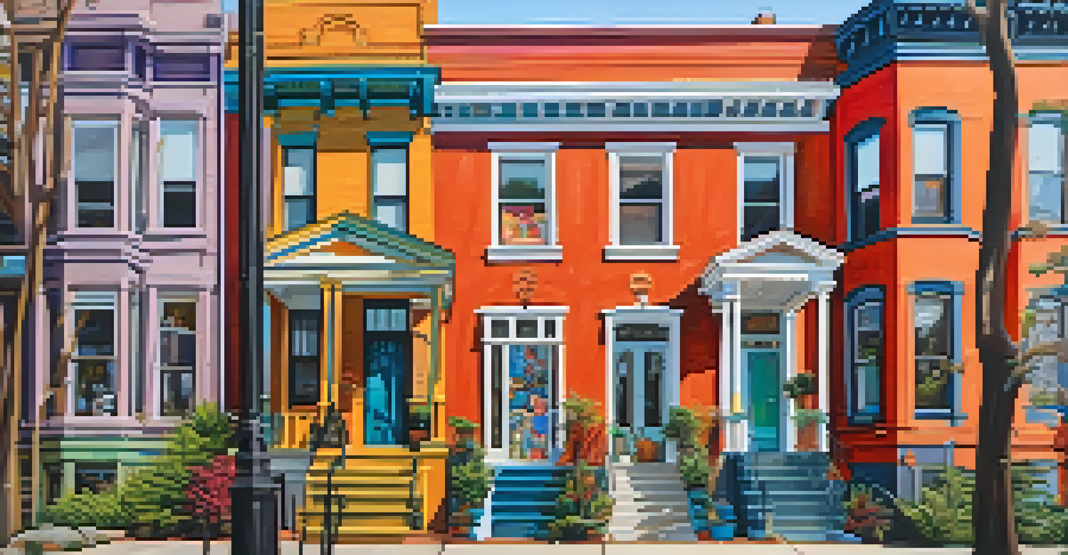 A colorful neighborhood street with unique houses and vibrant street art, showcasing the artistic culture of Cabbagetown.