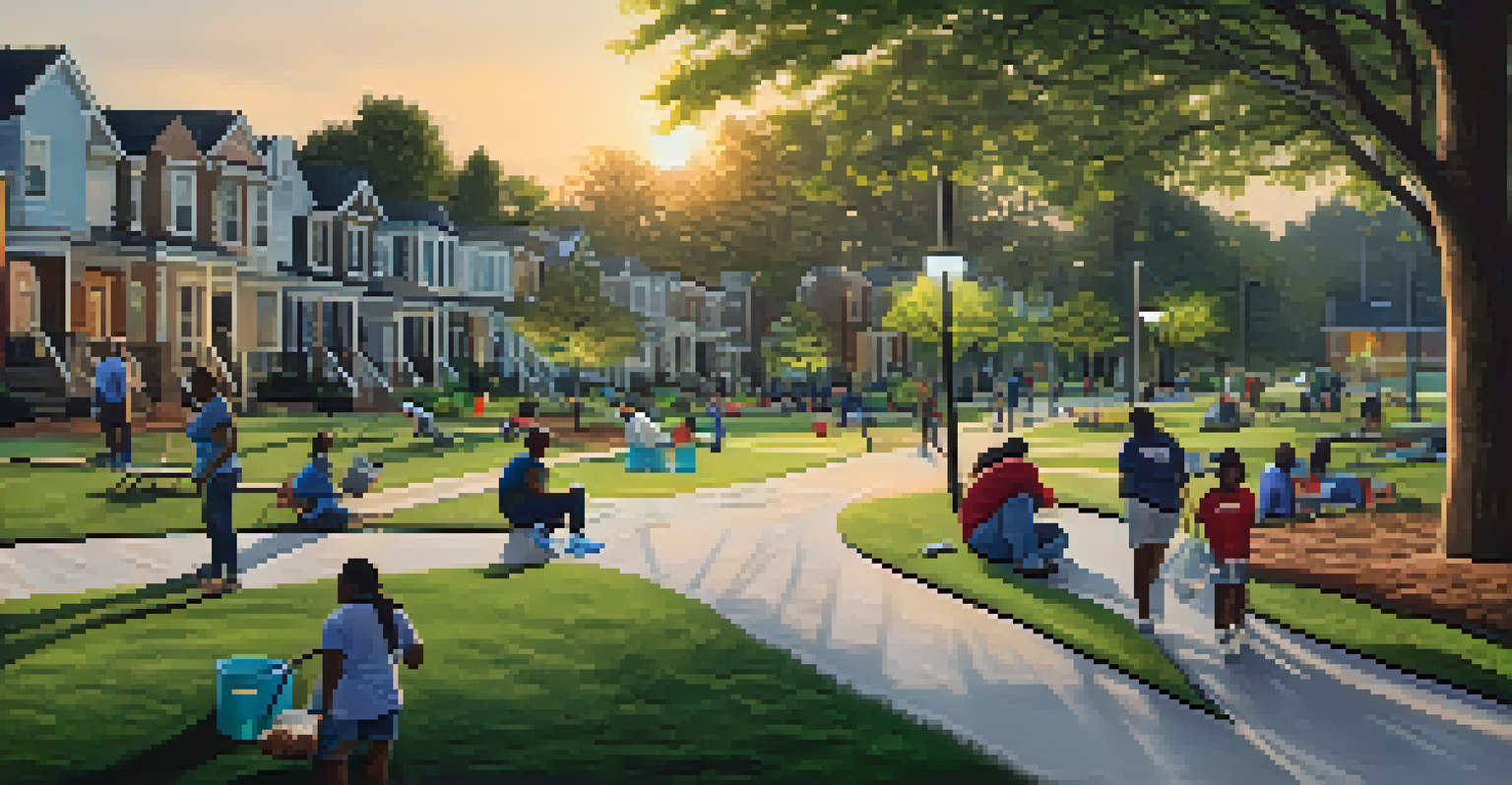 Residents participating in a clean-up event in a park, planting flowers and painting benches during a beautiful sunset.