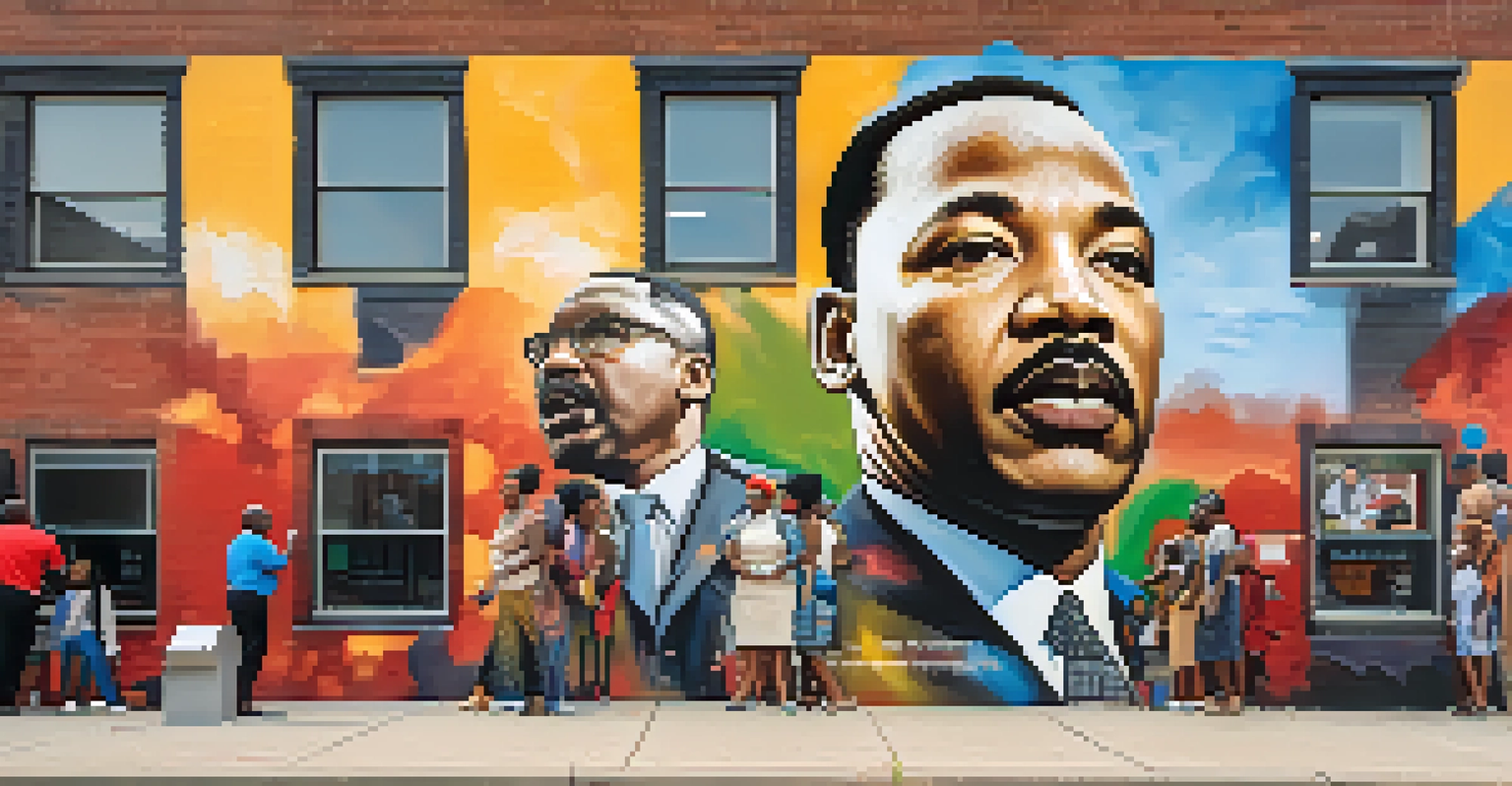 A colorful mural of civil rights leaders on a building in Atlanta, with people admiring it in front.