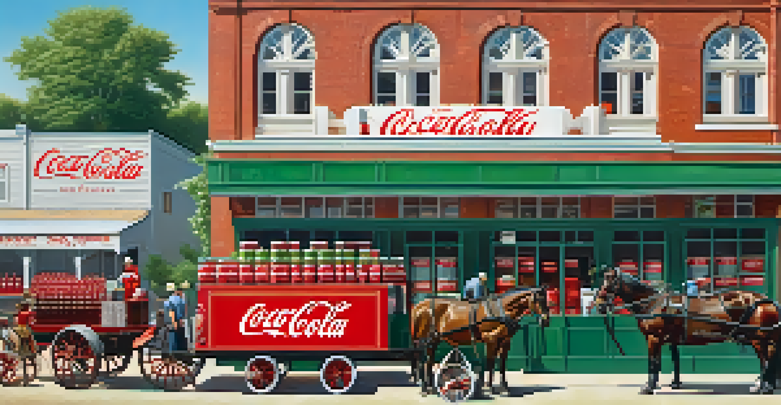Lively scene at a 1900s Coca-Cola bottling plant with workers loading crates of bottles onto wagons, surrounded by greenery and Coca-Cola signage.