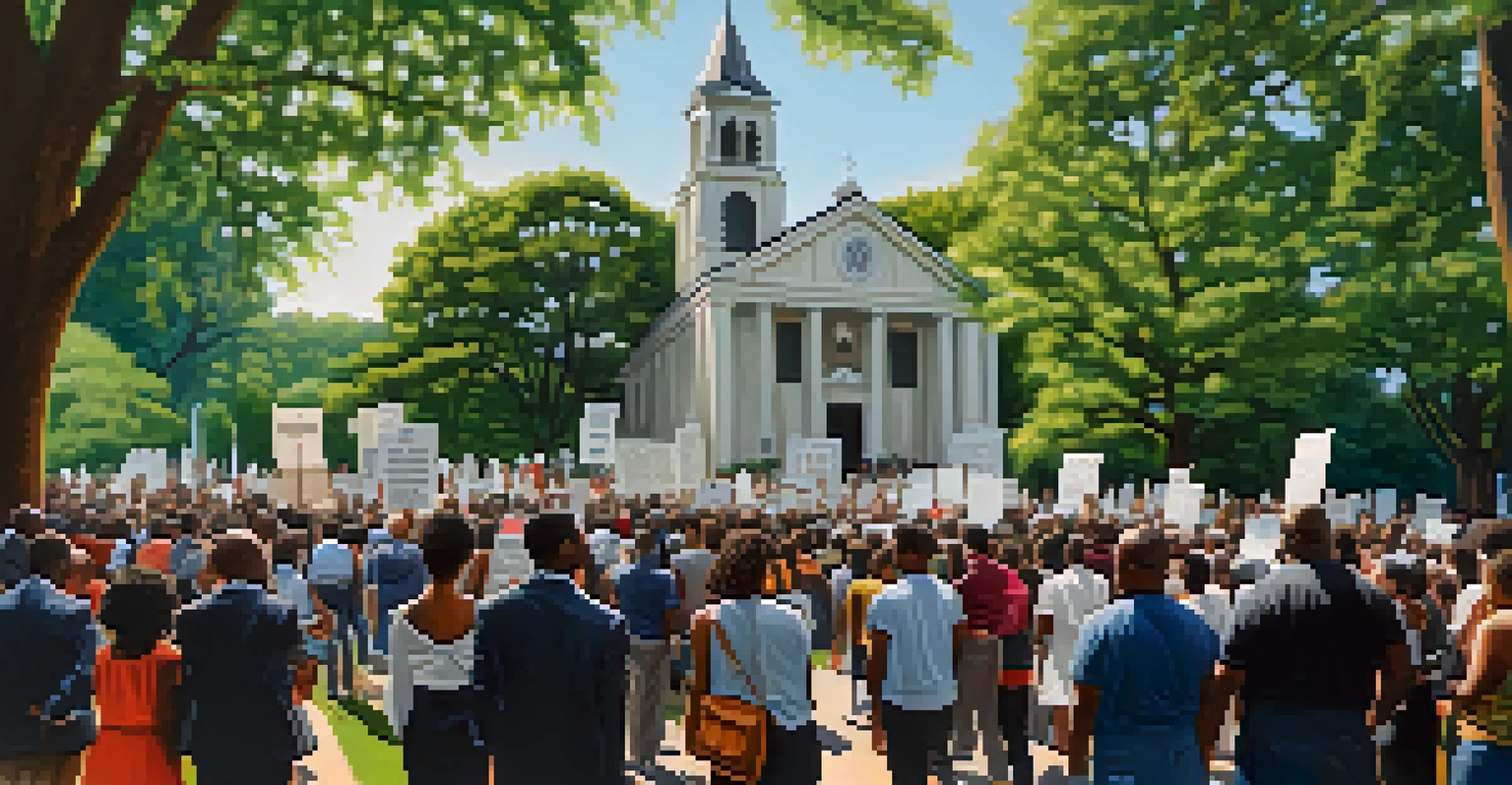 Activists holding signs during a civil rights march outside a historic church, with trees and sunlight creating a hopeful atmosphere.