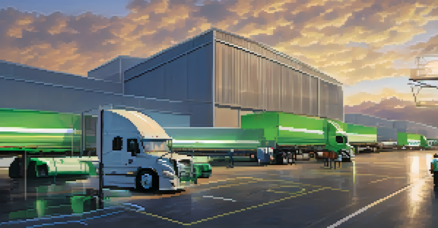 A modern logistics hub in Atlanta showcasing technology, warehouses, trucks, and diverse workers collaborating with digital screens.