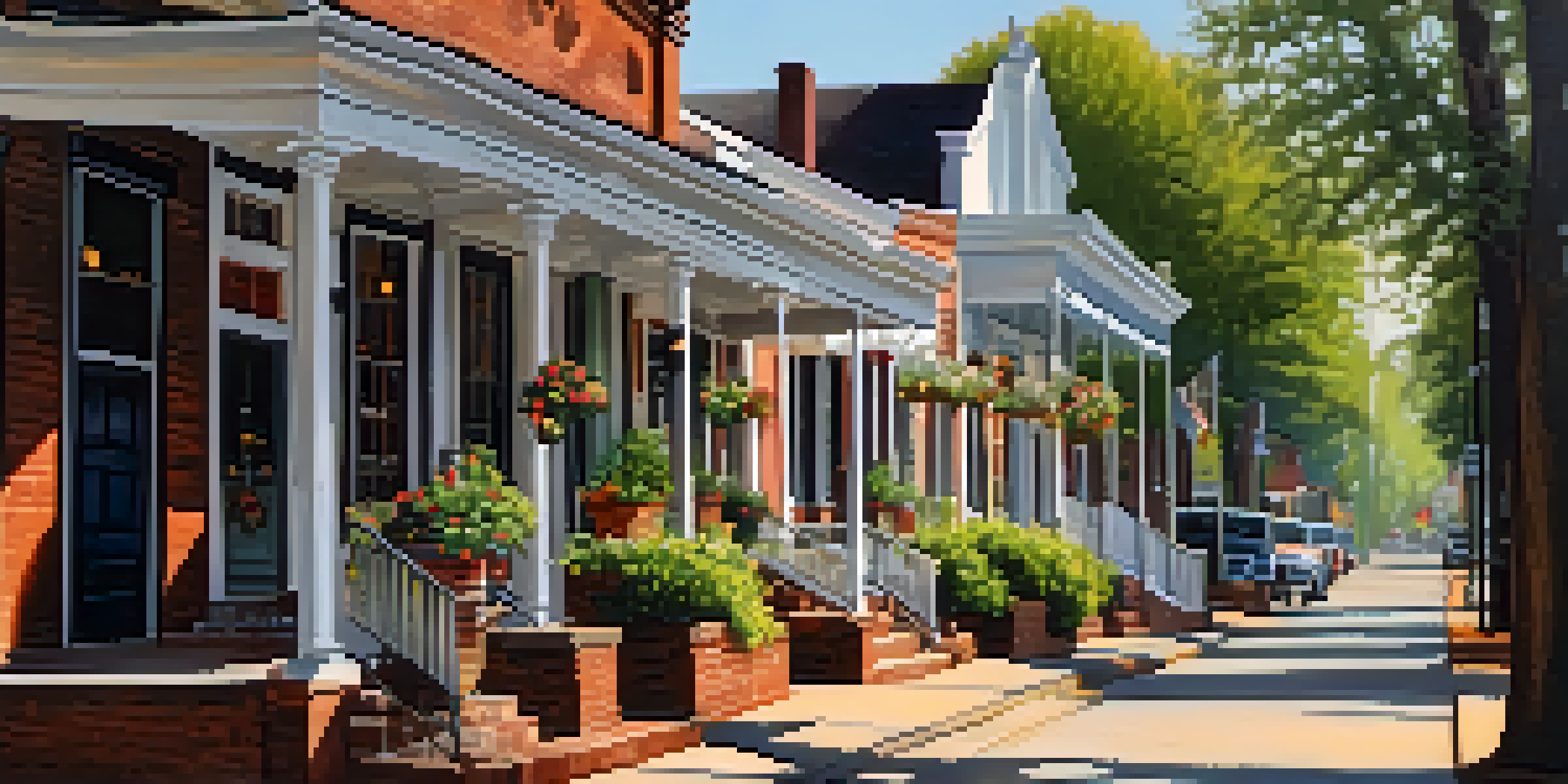 A charming street in Senoia, Georgia, with colorful buildings and flowering plants under warm sunlight.