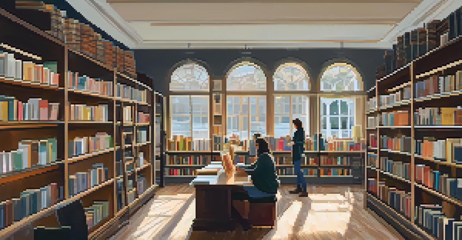 An independent bookstore in Atlanta with warm wooden shelves and soft lighting, where a writing workshop is taking place.