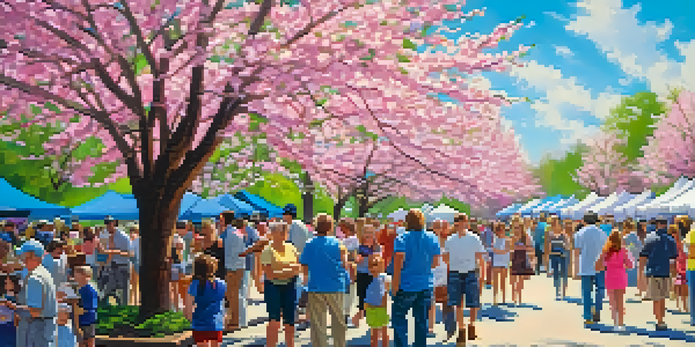A lively outdoor festival with families enjoying art and music under blooming dogwood trees, showcasing a vibrant spring atmosphere.