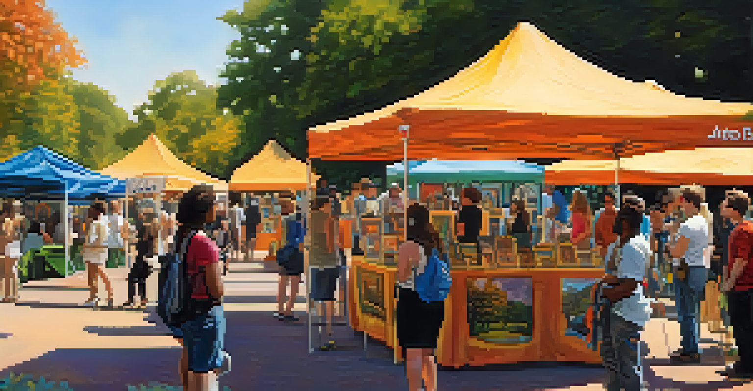 An outdoor arts festival with artists showcasing their work, colorful canopies, and people engaged in art activities.