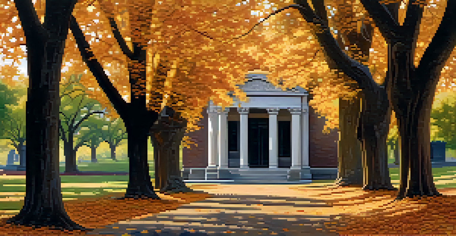 A scenic path in a cemetery, lined with oak trees and historic mausoleums.