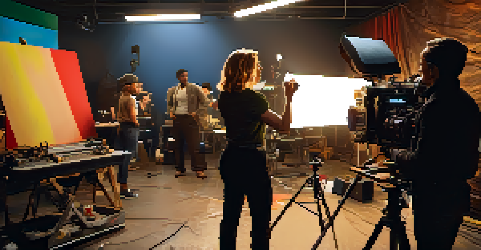 A female director on a film set in Atlanta, energetically directing a scene with a diverse crew and colorful set around her, capturing the essence of filmmaking.