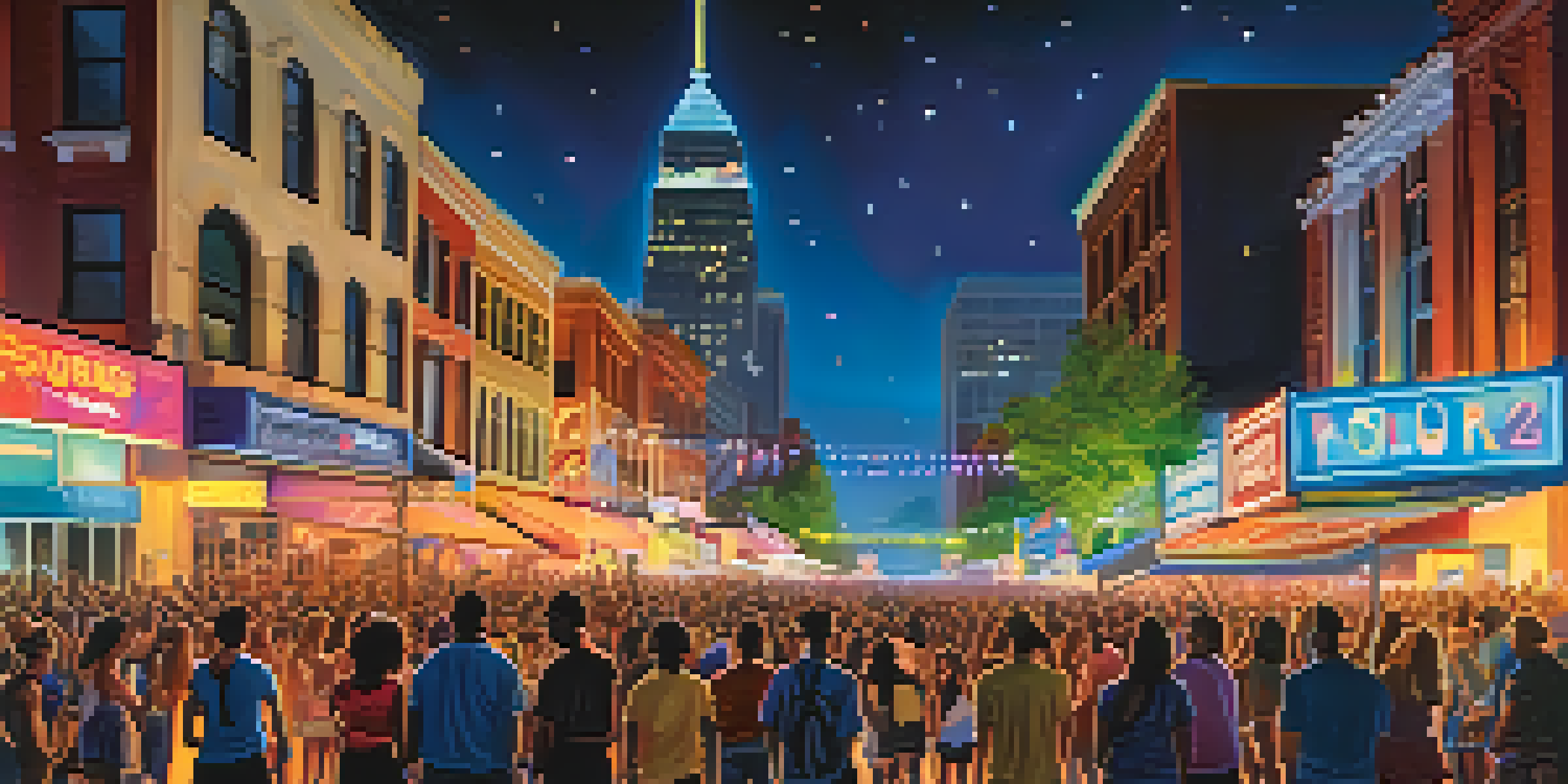 A lively music festival in Atlanta with diverse artists performing on stage and an engaged crowd under colorful lights.