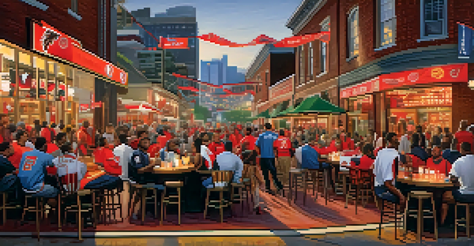 A busy street in Atlanta with sports fans wearing jerseys, enjoying food and drinks at outdoor bars, creating a lively atmosphere.