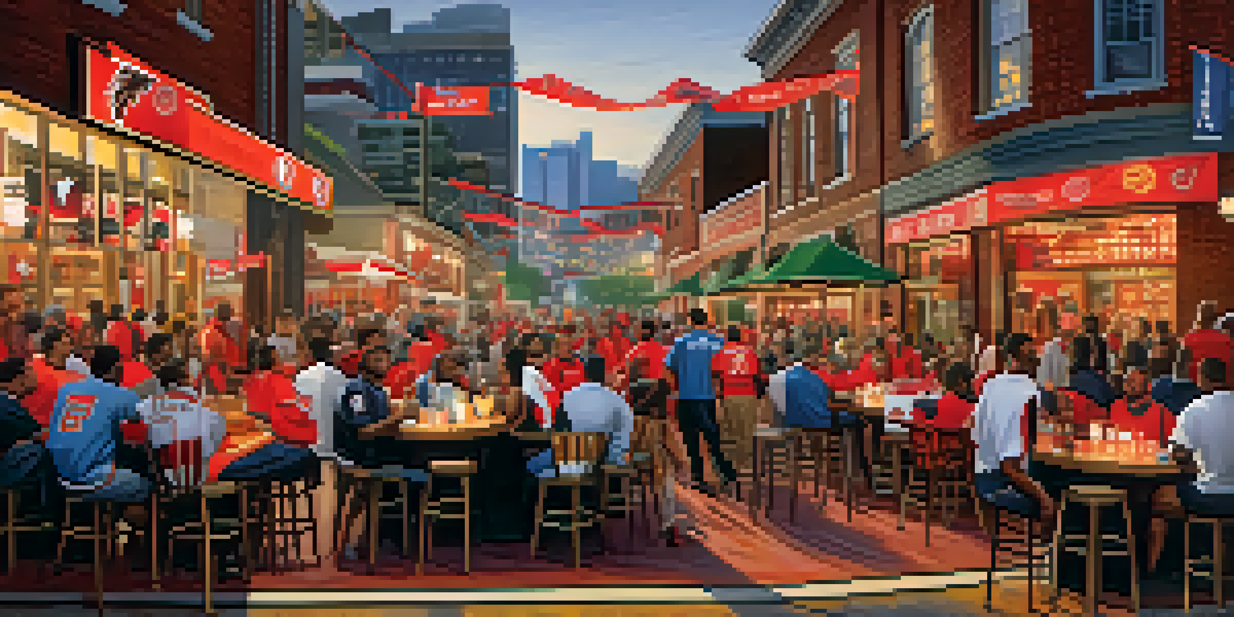 A busy street in Atlanta with sports fans wearing jerseys, enjoying food and drinks at outdoor bars, creating a lively atmosphere.