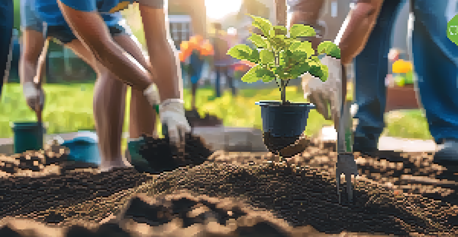 Close-up of hands planting a small tree in a community garden with gardening tools and plants in the background.
