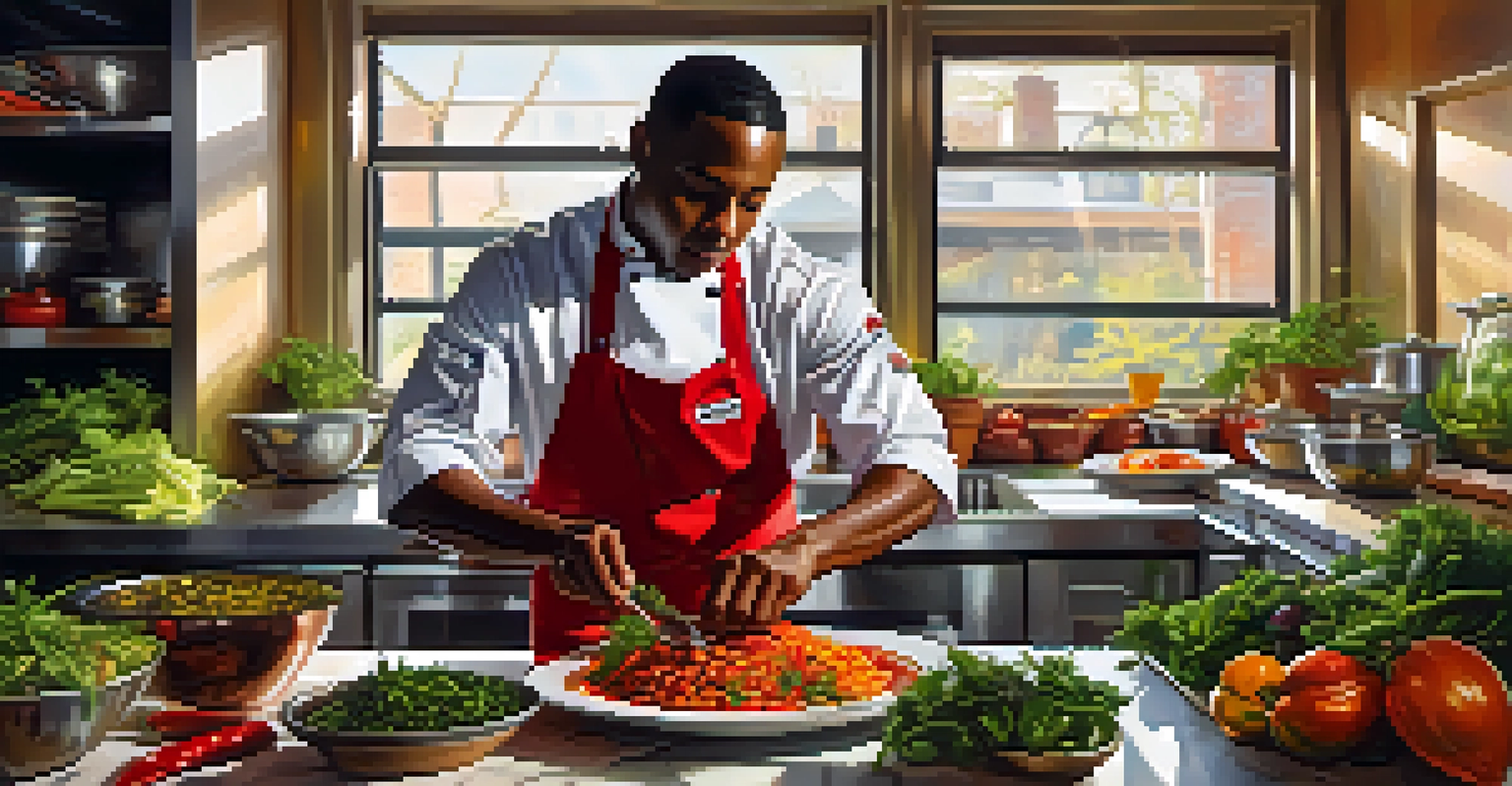 A modern African American chef in a stylish kitchen preparing a dish that fuses traditional Southern flavors with contemporary techniques, surrounded by fresh ingredients.