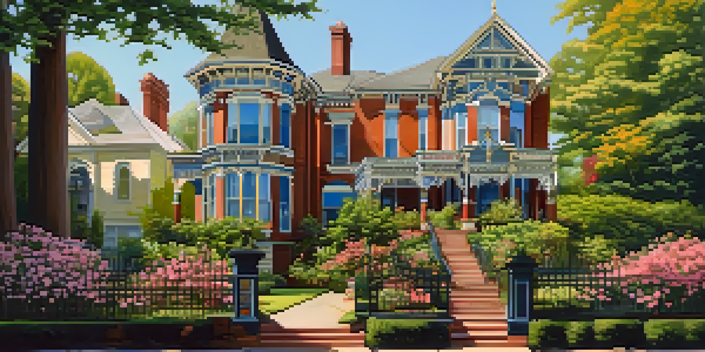 A scenic view of Victorian homes in Inman Park, Atlanta, with colorful gardens under a clear blue sky.