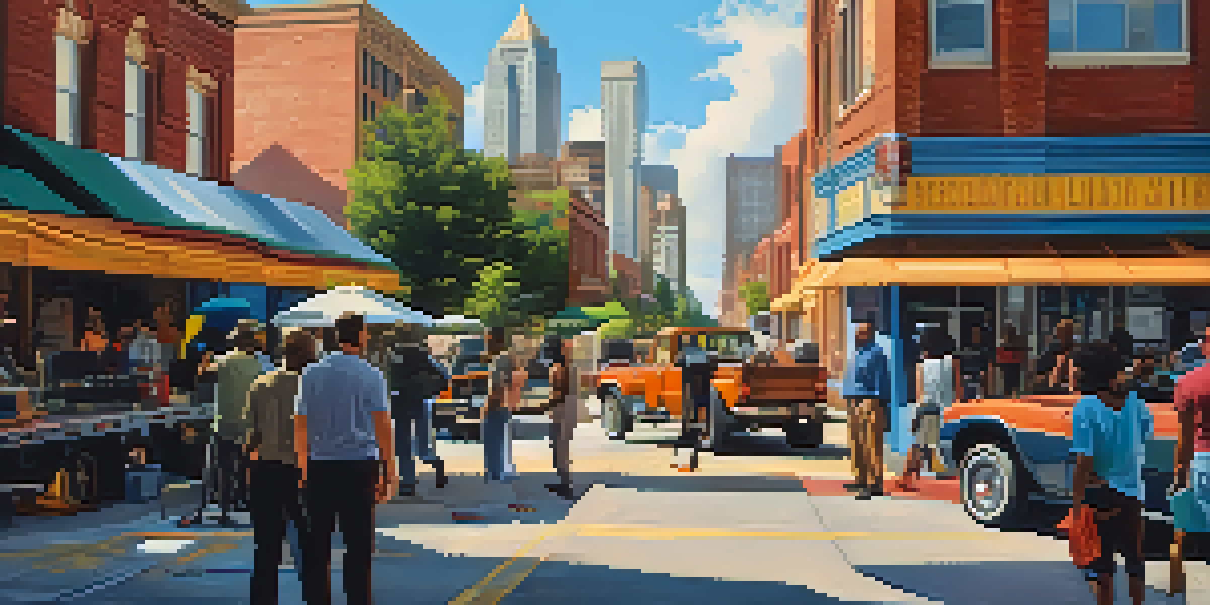 A lively film set in Atlanta showcasing a diverse group of filmmakers and crew members working together with the city skyline in the background.