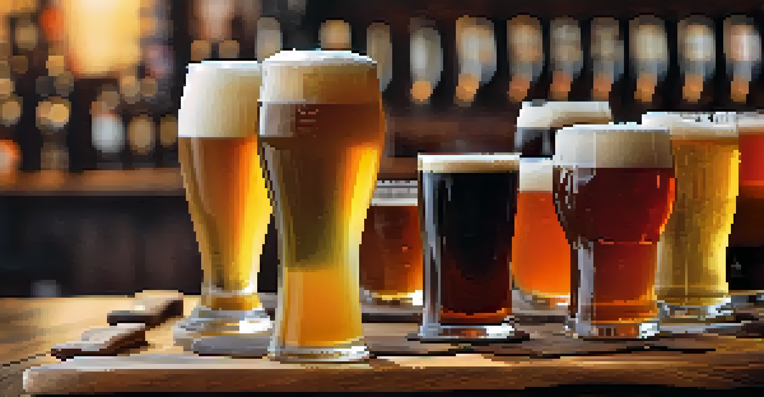 A close-up of a wooden paddle with a flight of colorful craft beers, showcasing different styles against a rustic wooden table.