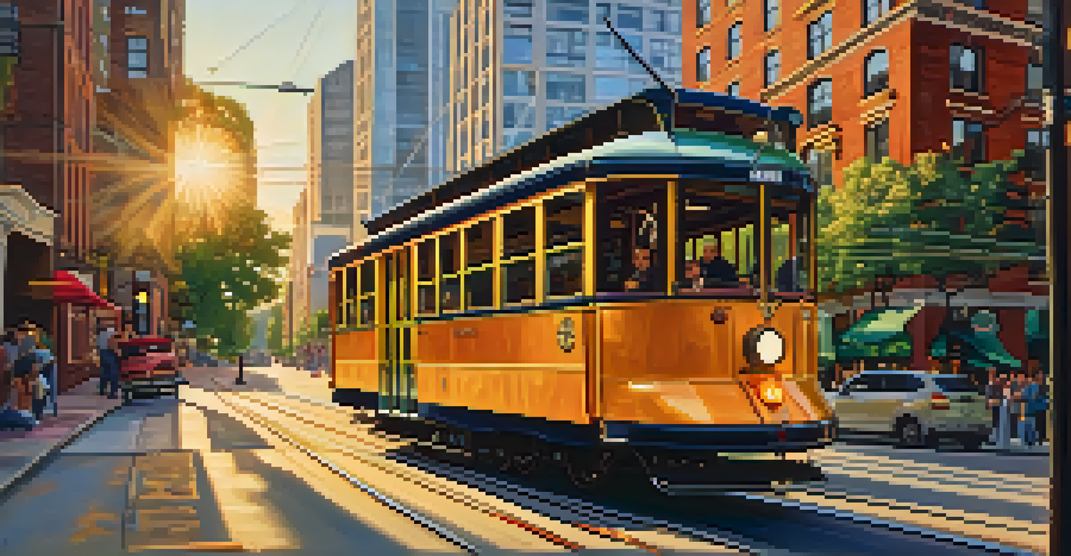 A colorful Atlanta streetcar moving through city streets with trees and historic buildings, under a warm sunset light.