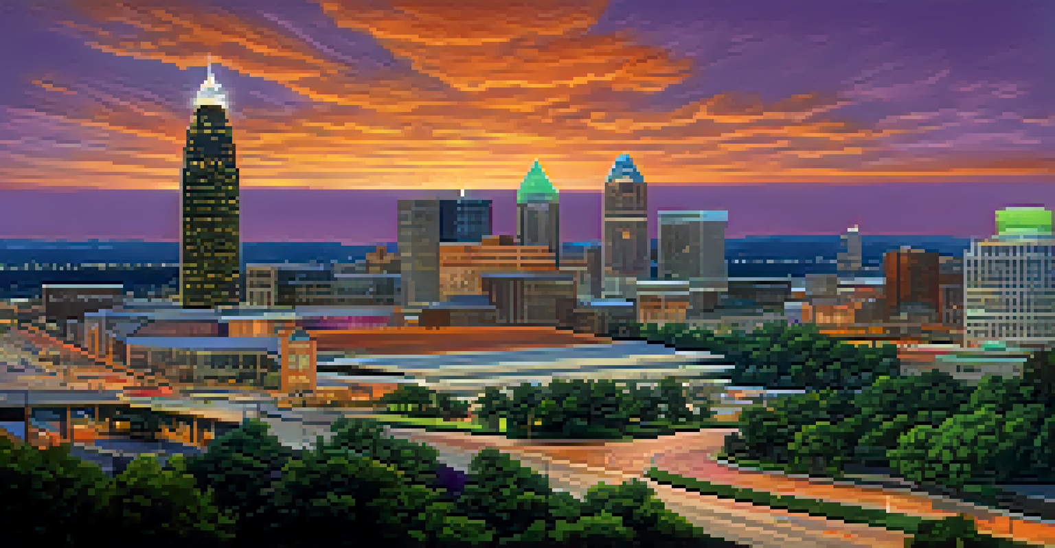 A panoramic view of Atlanta's skyline at sunset, featuring modern skyscrapers and lush parks.