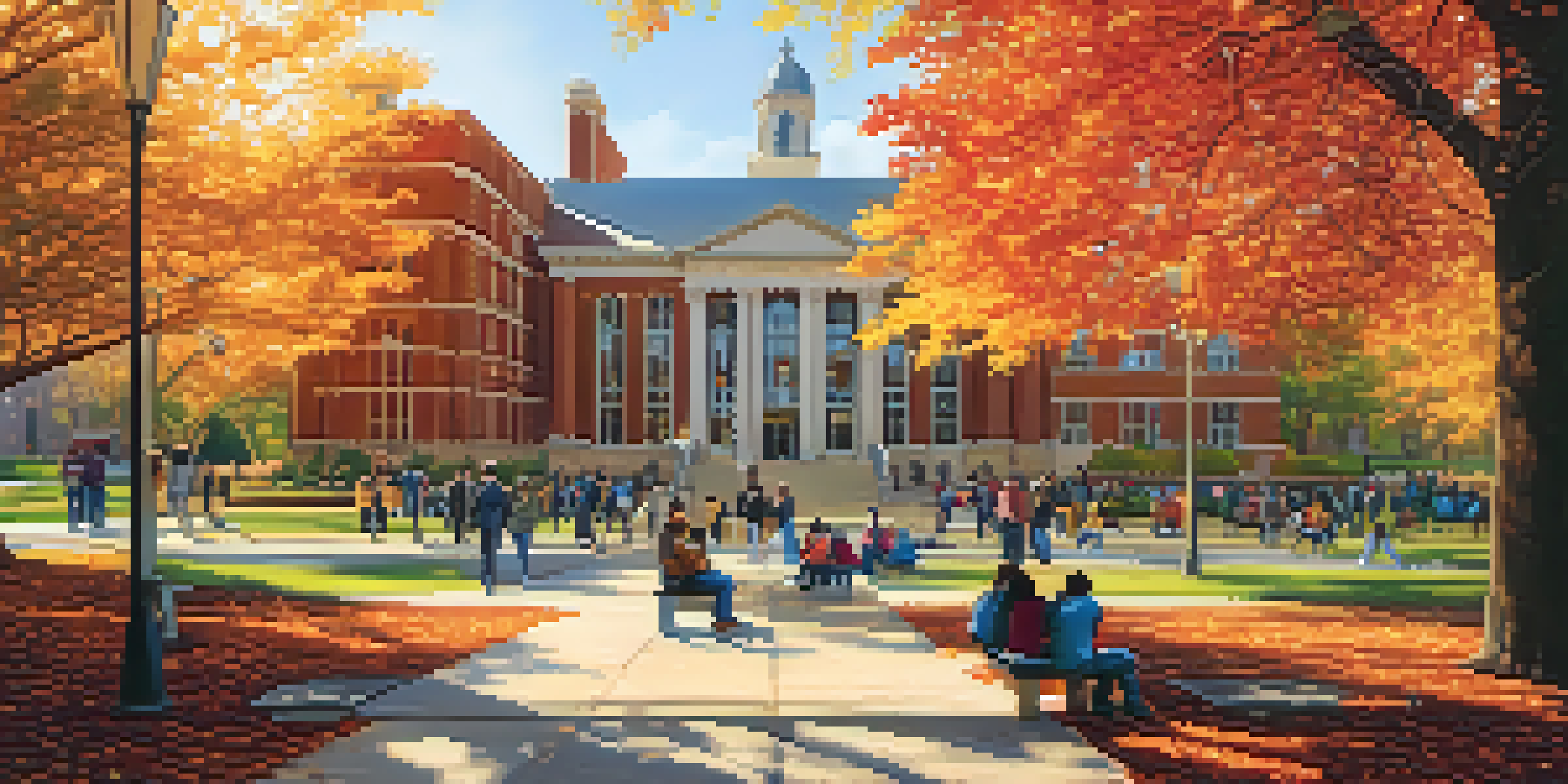 A lively university campus in Atlanta surrounded by autumn foliage with students enjoying the outdoors.