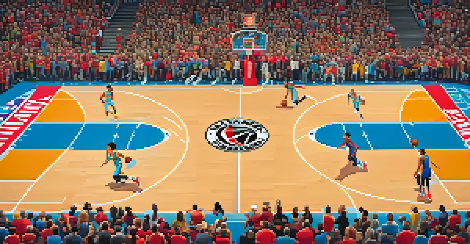 Trae Young dribbling the basketball on a modern court, with teammates around him and a lively crowd in the background.