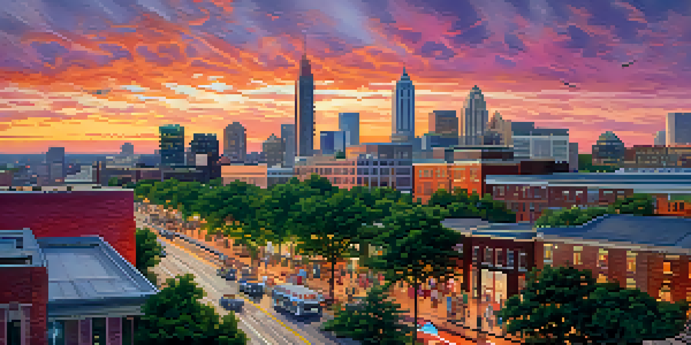 A colorful sunset over the Atlanta skyline with modern buildings and greenery, depicting a lively urban atmosphere.