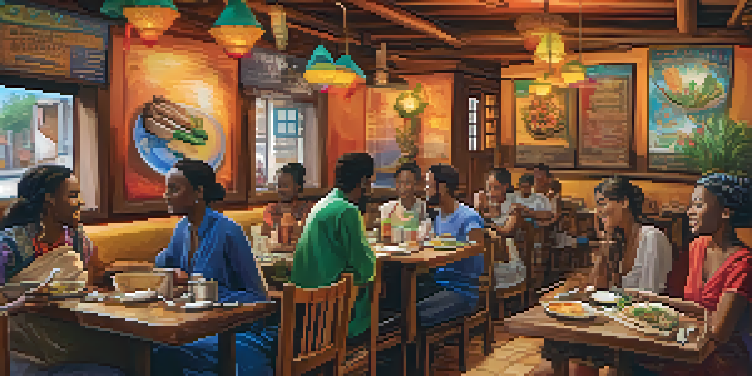 A warm and inviting hole-in-the-wall restaurant featuring colorful plates of diverse dishes on a rustic wooden table.