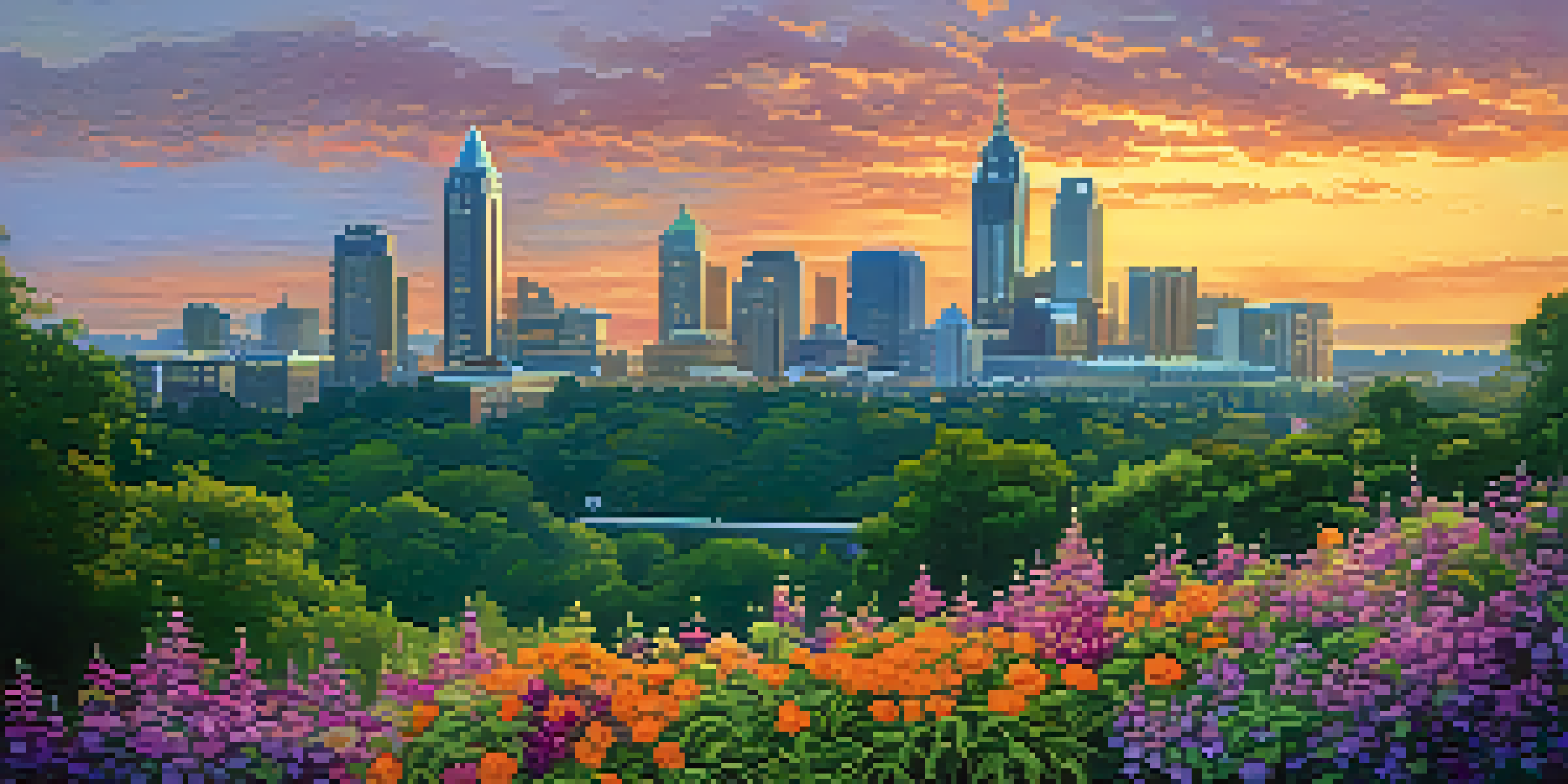 A sunset view of Atlanta's skyline with skyscrapers and greenery in the foreground.