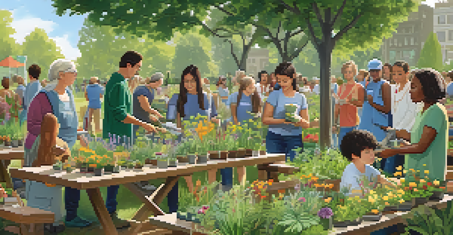 A community workshop in a park where people gather around to learn gardening techniques, surrounded by trees and flowers.