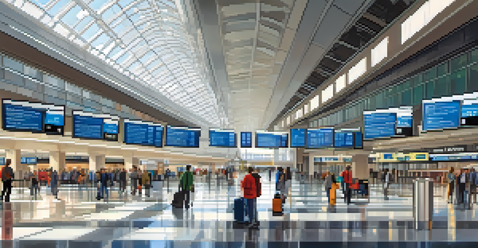 An interior view of a contemporary airport terminal, showing travelers, high ceilings, and large windows with natural light.