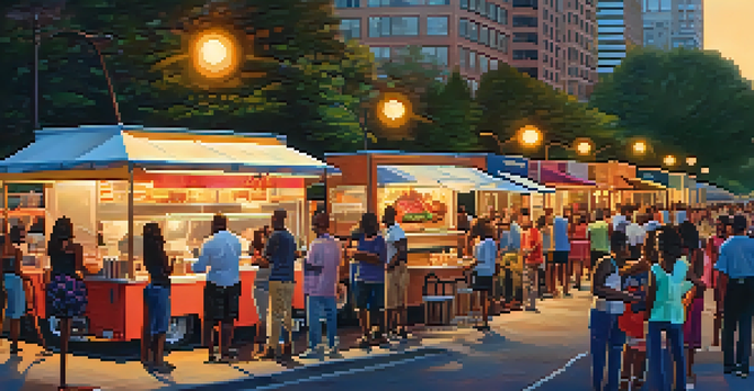 A vibrant street scene in Atlanta with food trucks and a diverse crowd at sunset.