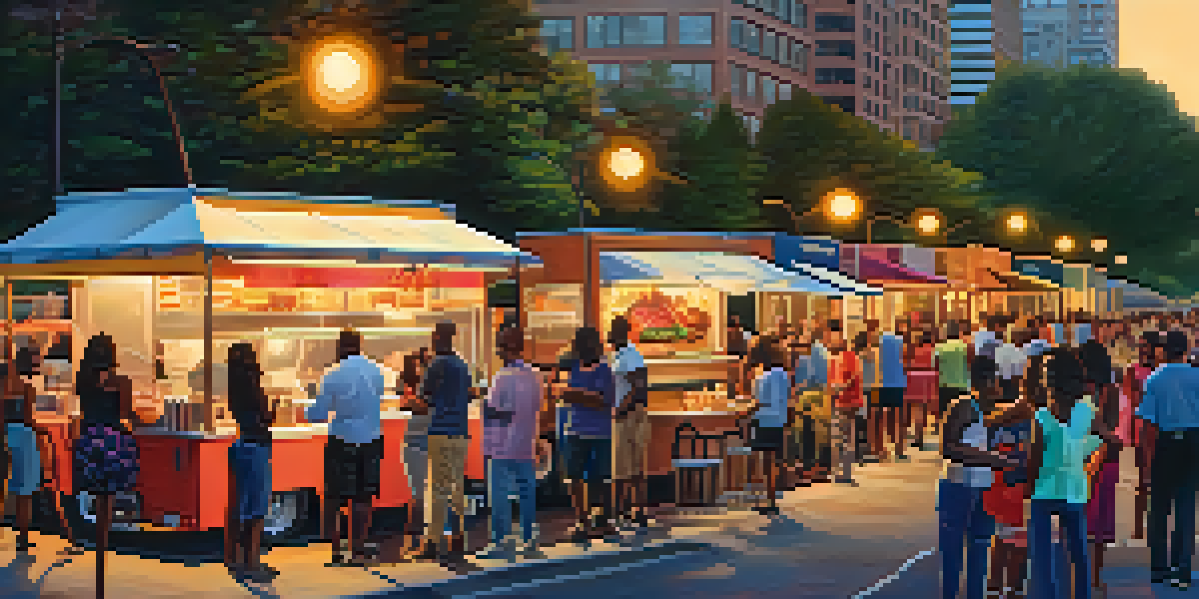 A vibrant street scene in Atlanta with food trucks and a diverse crowd at sunset.