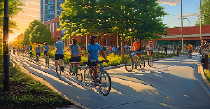 A picturesque view of the Atlanta BeltLine with a paved pathway, green trees, and colorful artwork, illuminated by sunset.