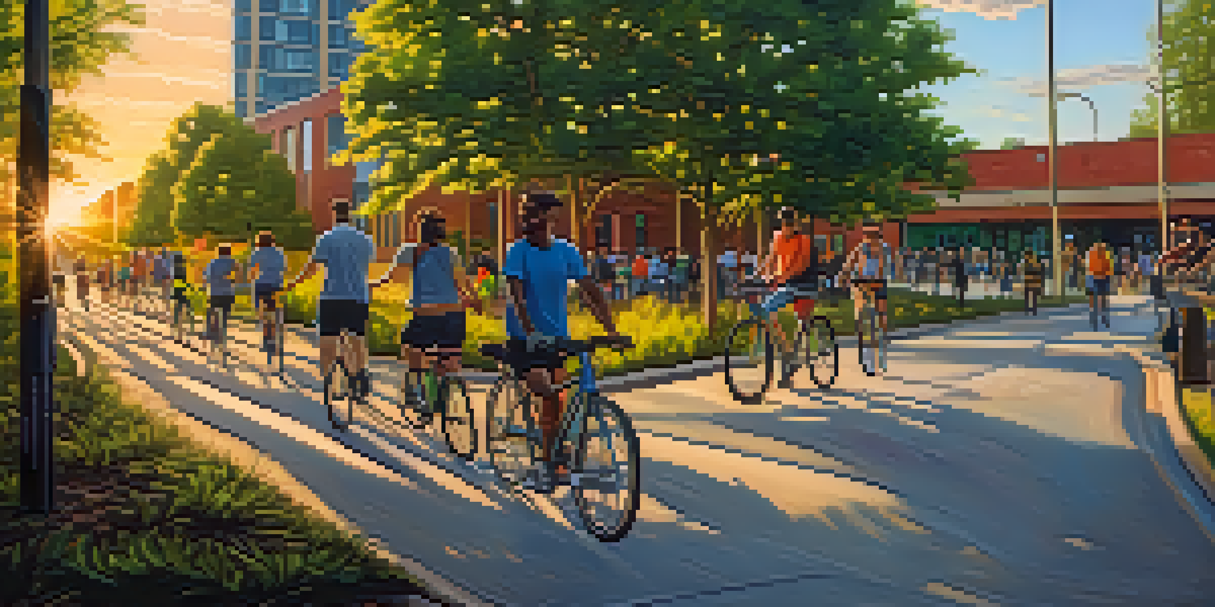 A picturesque view of the Atlanta BeltLine with a paved pathway, green trees, and colorful artwork, illuminated by sunset.