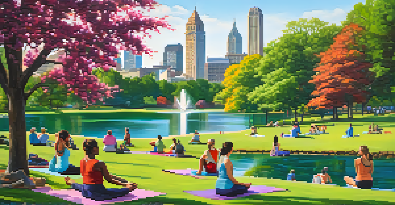 A lively day in Piedmont Park with a lake, Atlanta skyline, and people enjoying outdoor activities.