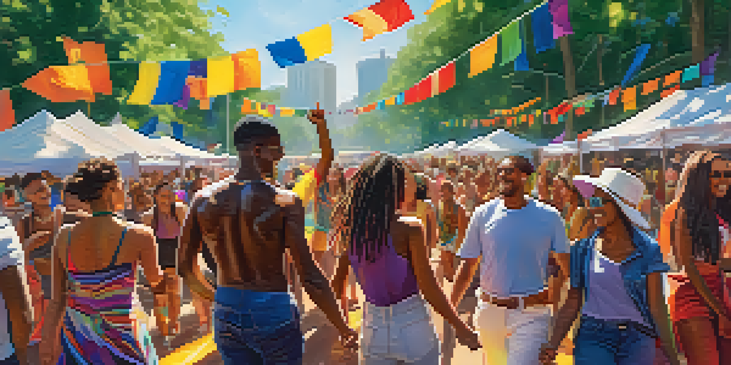 A diverse group of people celebrating at the Atlanta Pride Festival with colorful flags and costumes, surrounded by trees and sunlight.