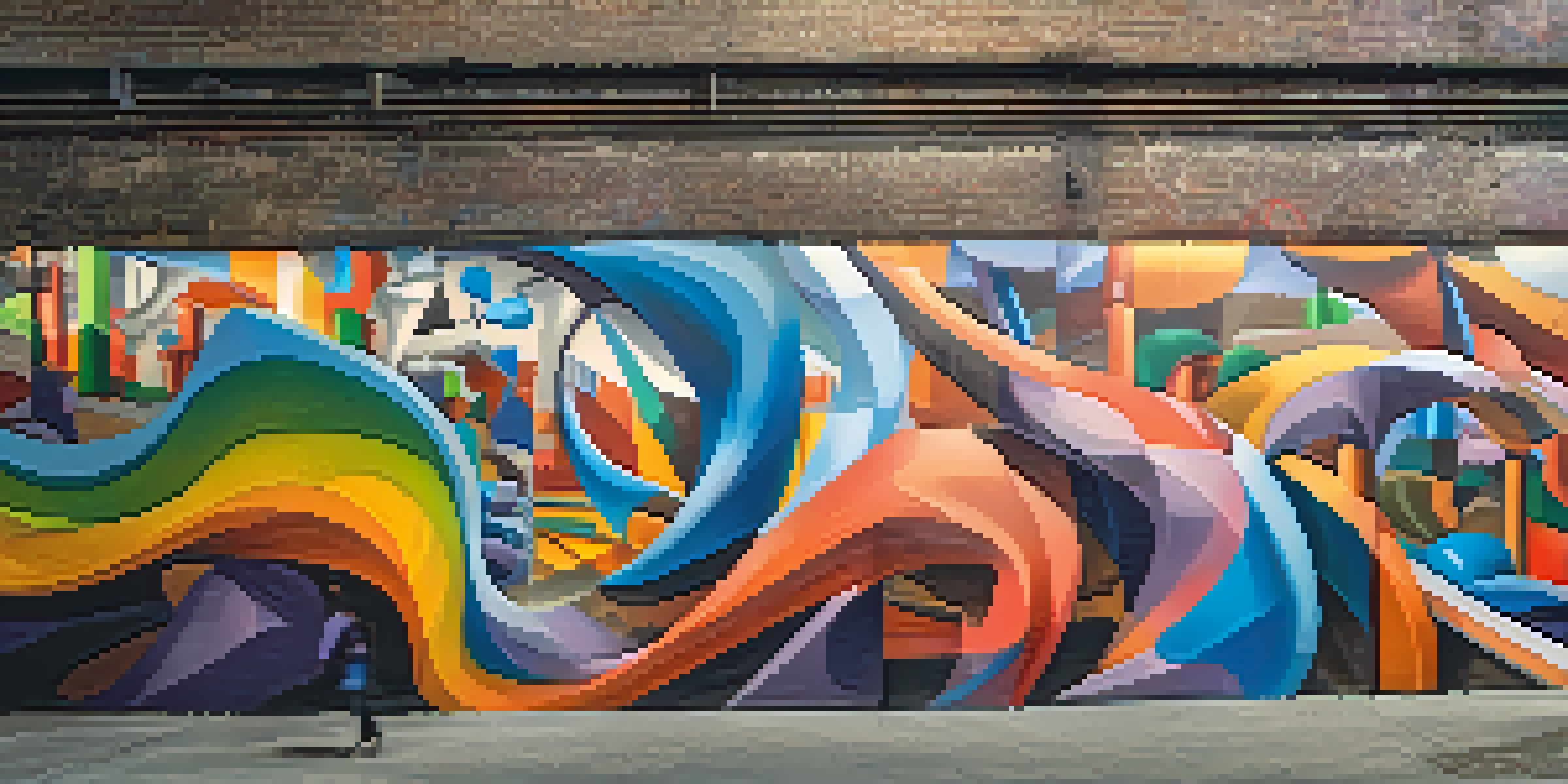 A colorful mural in Krog Street Tunnel with abstract shapes and social justice themes, illuminated by soft light.