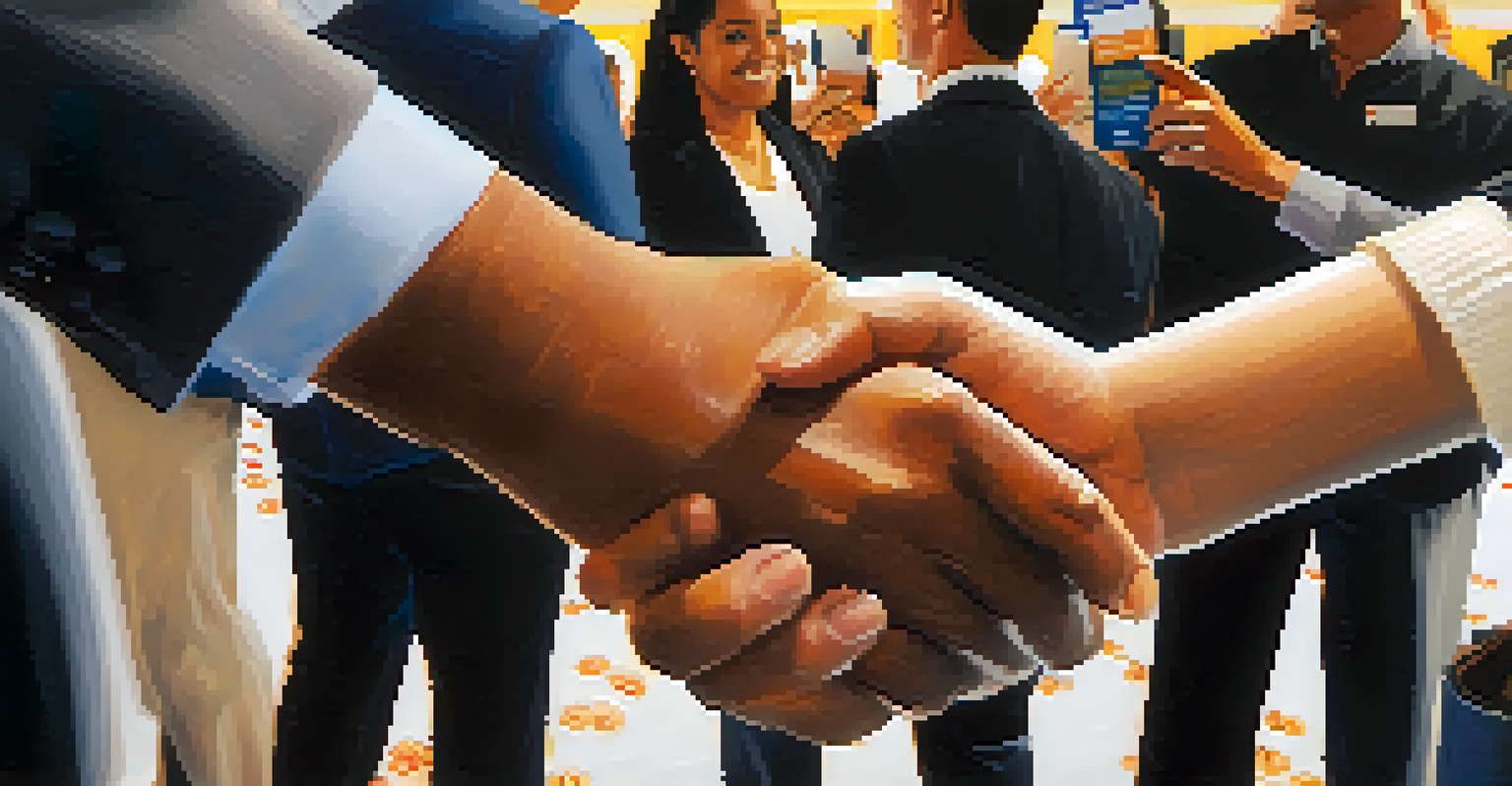 Close-up of hands exchanging business cards at a networking event, with a vibrant crowd and a banner in the background.