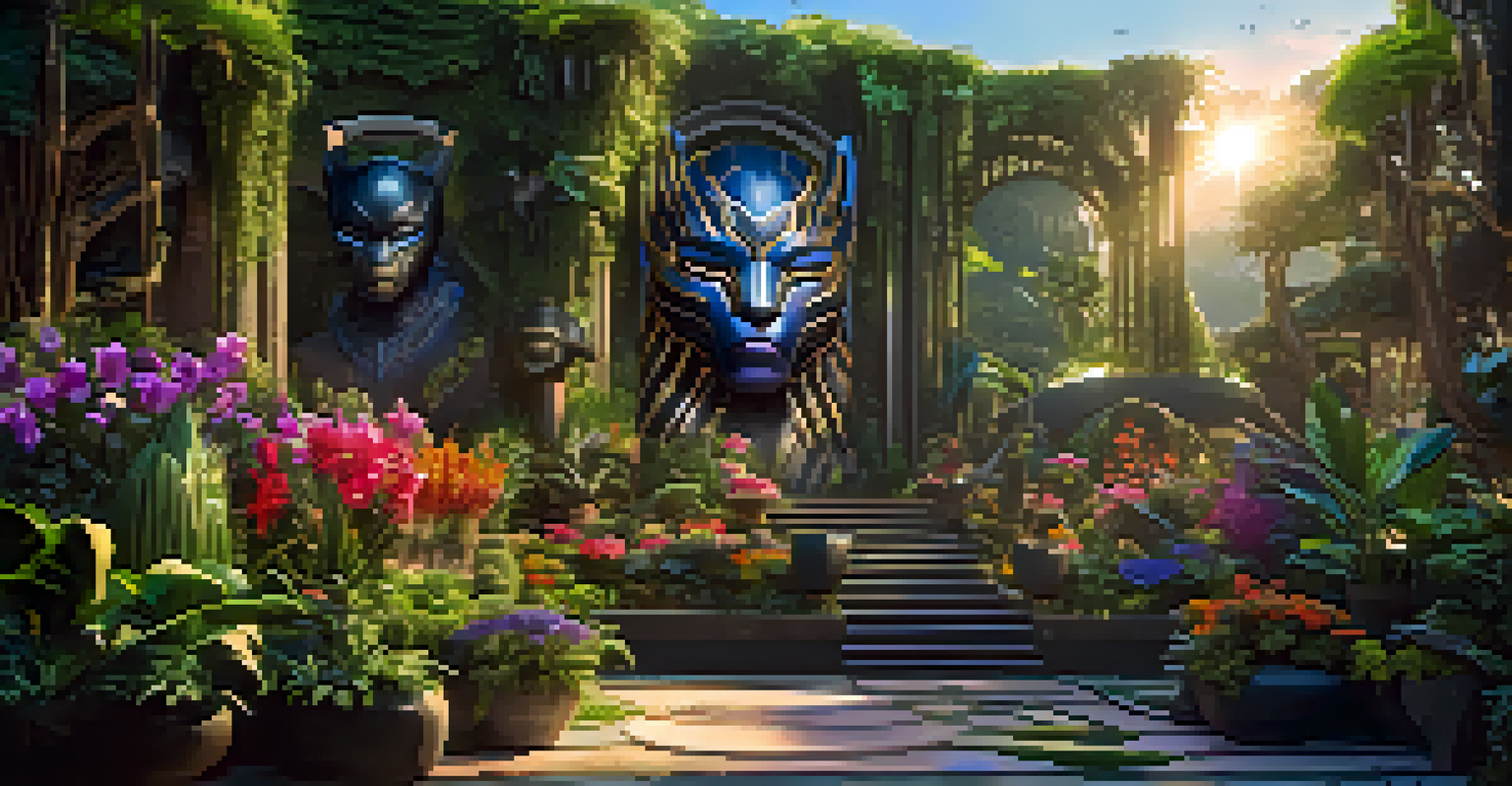 A vibrant garden inspired by Wakanda, featuring lush greenery and colorful flowers with art installations.