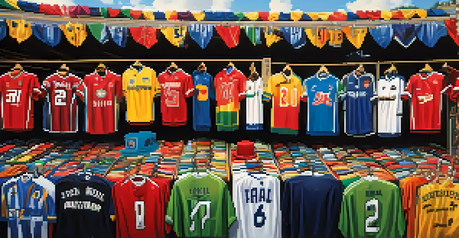 A close-up view of a local vendor's stall selling colorful sports merchandise with excited fans browsing, against the backdrop of a cheering stadium.