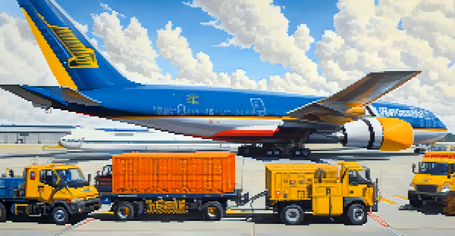 A detailed close-up of a cargo plane being loaded with workers and containers at the airport.