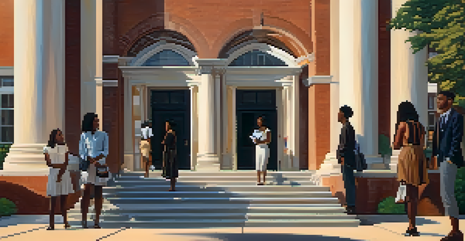 The entrance of Spelman College's Museum of Fine Art with people admiring art installations during sunset.