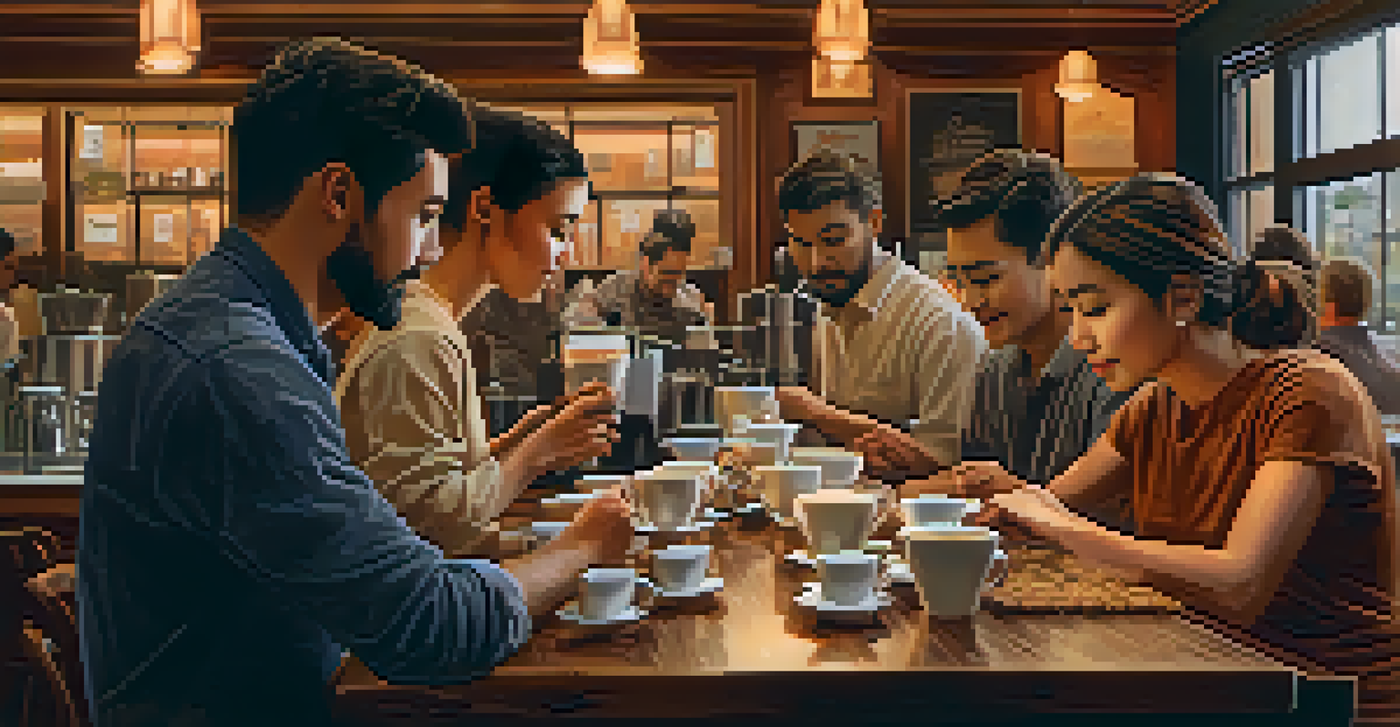 A cozy coffee tasting session in a cafe, with a barista demonstrating brewing techniques to engaged participants.