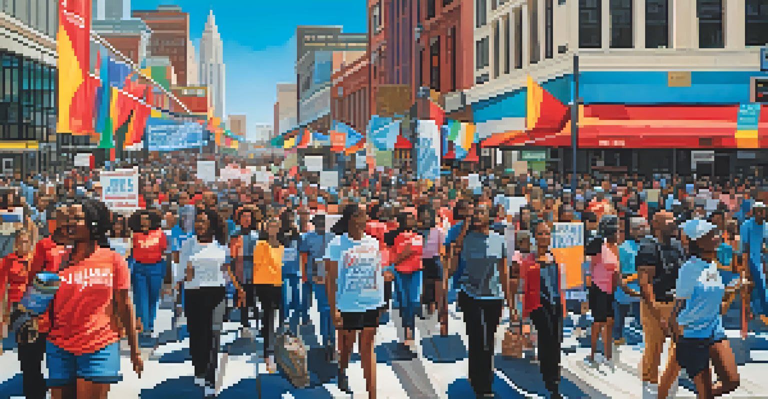 A contemporary scene of activists marching in Atlanta, holding signs for social justice, set against the backdrop of the city's skyline.