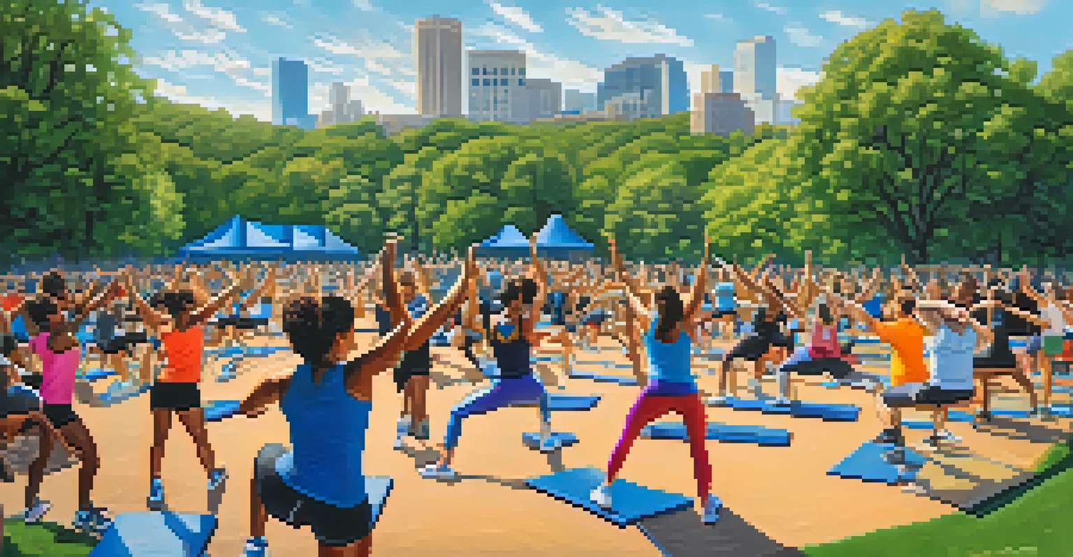 A diverse group of people participating in an outdoor fitness boot camp in a park with scenic trails and an amphitheater, under a clear blue sky.