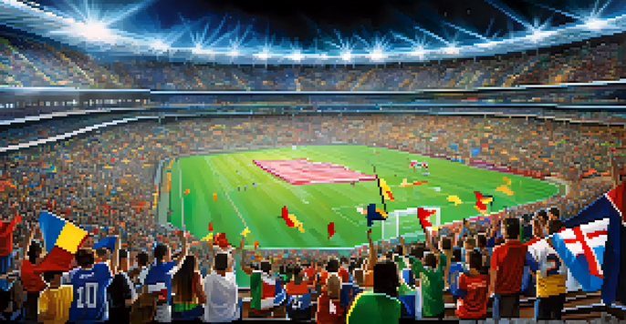 A lively sports stadium filled with fans wearing team jerseys, cheering for their team with flags waving in a brightly lit environment.