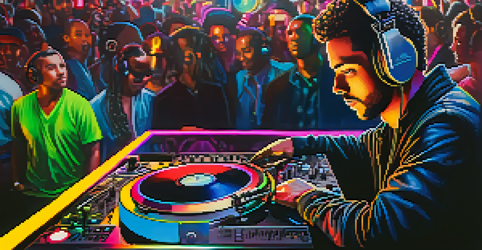 A close-up of a DJ performing at an Atlanta club, with colorful lights and a blurred crowd in the background.