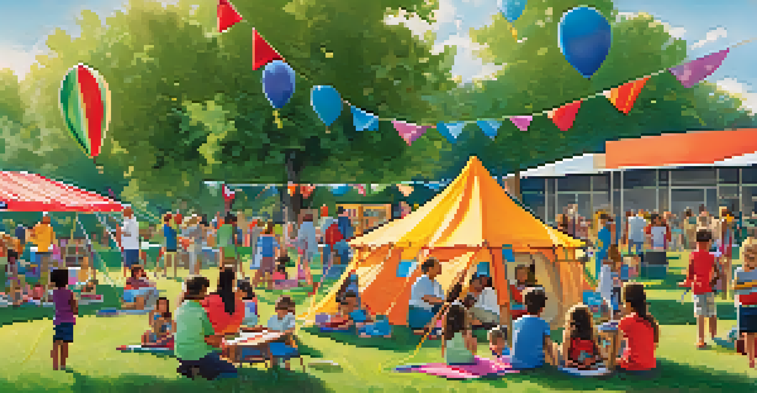A lively outdoor library event with families and children participating in a summer reading program, surrounded by colorful tents and activities.